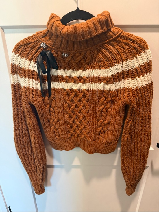 Maeve Sweaters - Maeve Anthropologie Cable Knit Turtleneck Bow Sweater Brown Cream XXS